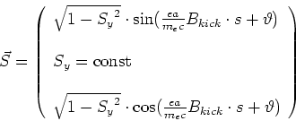 \begin{displaymath}
\vec{S} = \left(\begin{array}{l} \sqrt{1-{S_y}^2}\cdot\sin(\...
...\frac{ea}{m_ec}B_{kick}\cdot s + \vartheta )\end{array}\right)
\end{displaymath}